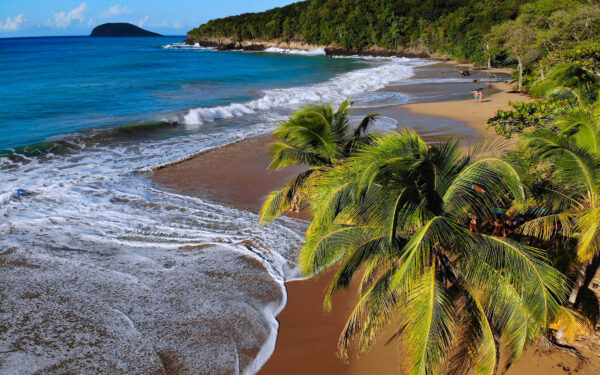 Guadalupa spiaggia sabbiosa vista drone. Paesaggio di vacanza nei Caraibi. Spiaggia della Perle (Plage de la Perle) 