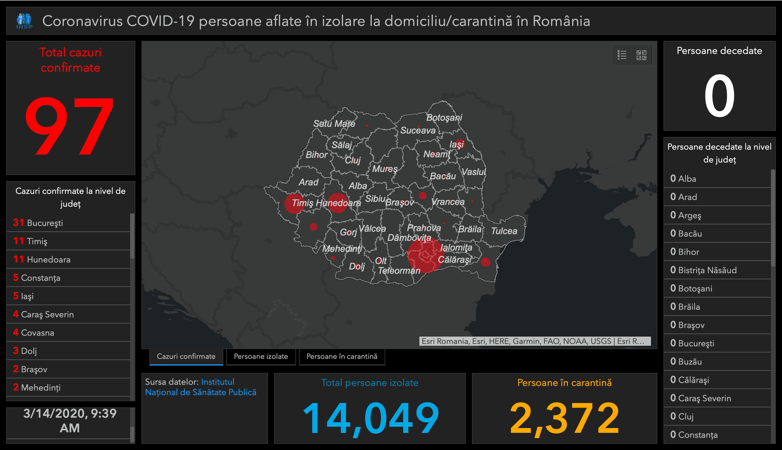 Coronavirus COVID-19 persone in isolamento domiciliare/quarantena in Romania – 14 marzo 2020 – 09.39